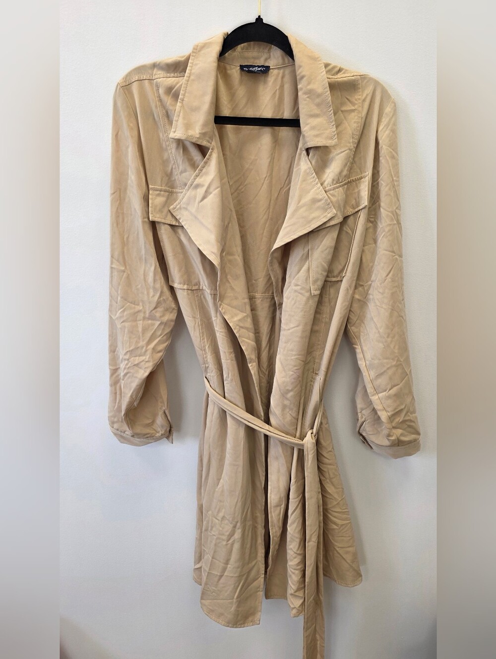 Studio Park Beige Belted Duster Jacket XL Longline Open Front Trench Style